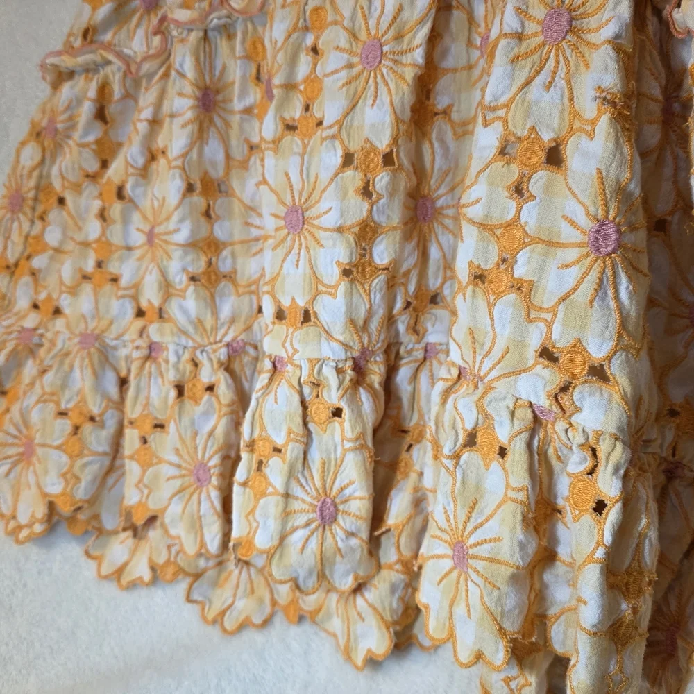 Anthropologie embroidered tank top yellow and pink floral with tiered ruffles L - Picture 3 of 6
